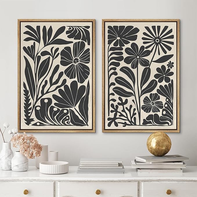 MUDECOR Framed Canvas Wall Art Abstract Floral Botanical Prints Minimalist Modern Art Boho Wall Decor for Bedroom - 16"x24"x2 Natural