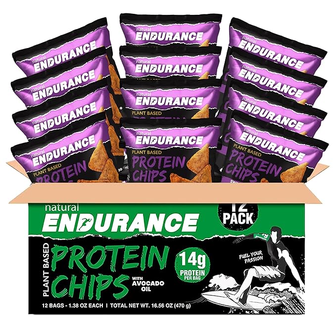Natural Endurance Protein Chips - Low Carb Chips, High Protein Snack, Vegan Protein with Avocado Oil, 14g Protein Per Bag, Gluten Free, Sweet Chili Flavor - 1.38 oz Bags (Pack of 12)