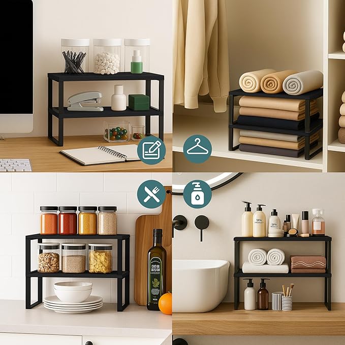 Sben Cabinet Organizer Shelf, Set of 2 Kitchen Counter Shelves, Kitchen Storage, Spice Rack, Stackable, Expandable, Metal and Engineered Wood, Ink Black and Charcoal Black