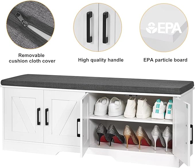 2-Tier Storage Bench, 47.2" Wide Shoe Bench with Padded Seat Cushion, Entryway Bench with 4 Barn Doors and Adjustable Shelf, White