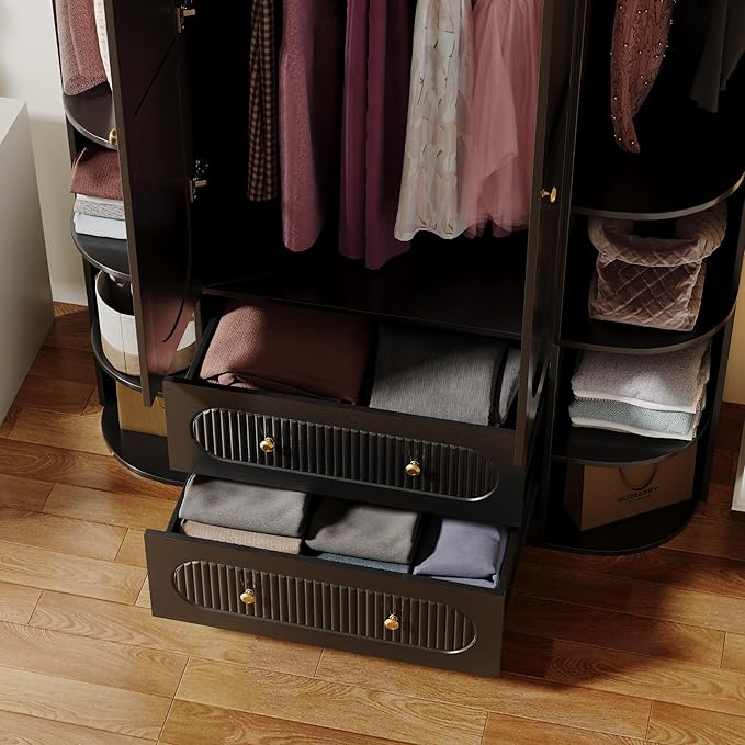 69” Fluted Large Capacity Storage Wardrobe Armoire, Wardrobe Armoire Wooden Closet with 2 Doors, 3 Hanging Rod Shelves, 2 Drawers & 6 Display Shelves, Bedroom Clothing Storage Cabinet Black