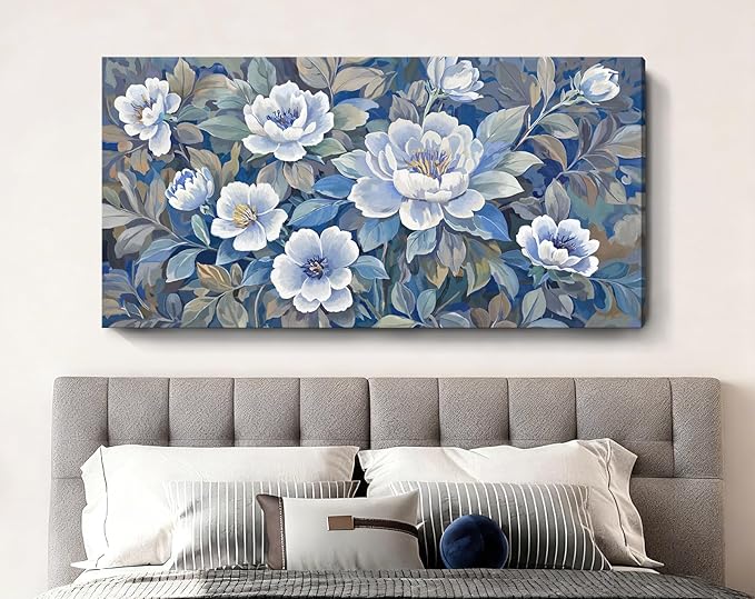 amatop Large Wall Art Abstract Floral Canvas Wall Decor Blue White And Gray Picture Natural Botanical Artwork For Living Room Bedroom Office Dining Room Hallway 48X24