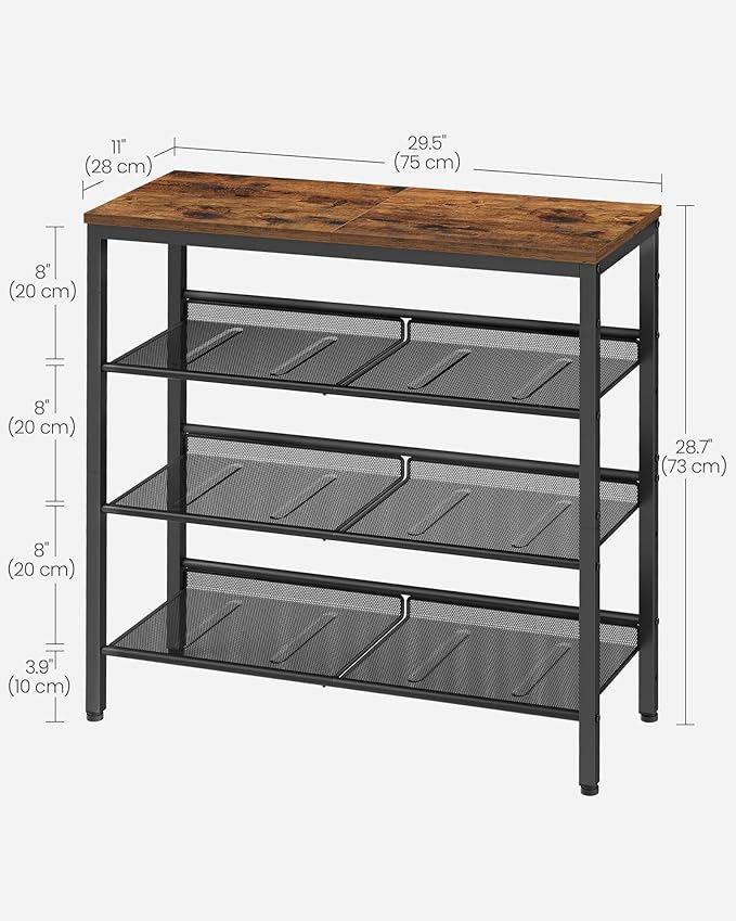 VASAGLE Shoe Rack for Entryway, 4-Tier Shoe Rack Organizer with Storage Shelves and Spacious Top, Freestanding, Adjustable, Industrial, Rustic Brown and Ink Black ULBS040B01