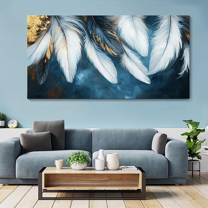 Mofutinpo Blue and Gold Wall Art Navy Blue Decor for Living Room Feather Canvas Art Wall Decor, Blue Bedroom Wall Decor Above Bed Pictures Wall Painting - Artwork for Walls 24×48IN