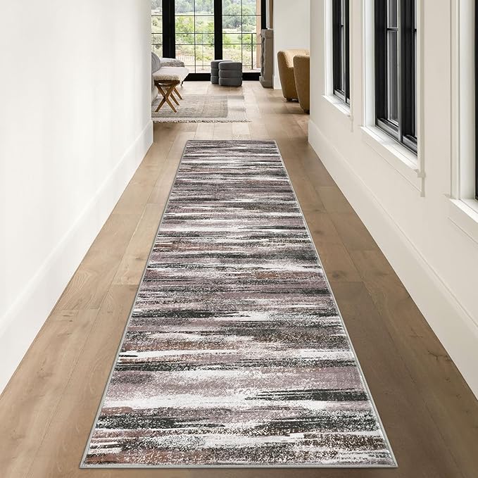 Modern Abstract Runner Rug 3x10, Dark Light Brown White Washable Kitchen Runner Non-Slip Soft Hallway Rug Runner Thin Print Faux Wool Carpet for Entryway Bedroom Laundry Room Indoor