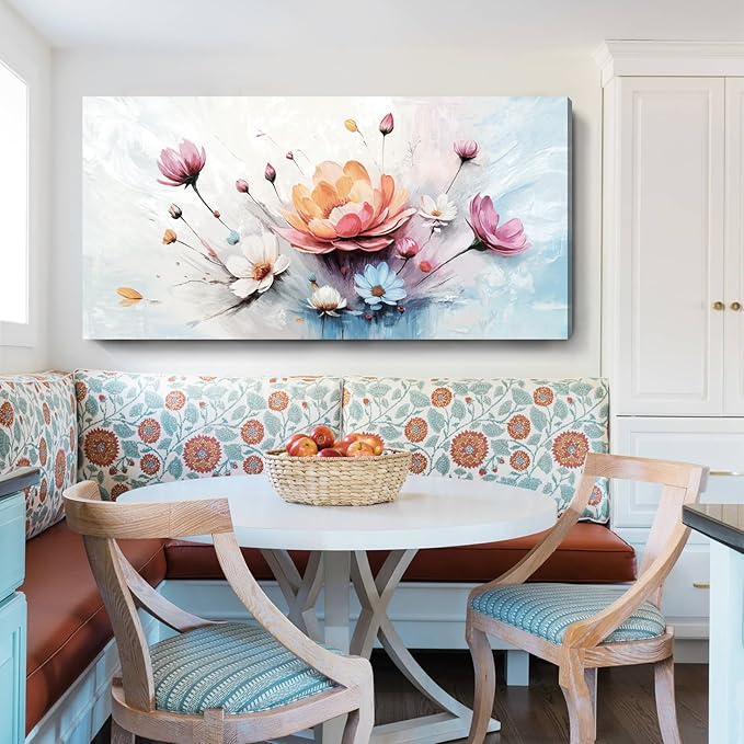 amatop Floral Canvas Wall Art – Framed Modern Abstract Botanical Print in Pink, Blue & White, Nature Art for Living Room, Bedroom & Office Decor (48x24 Inches)
