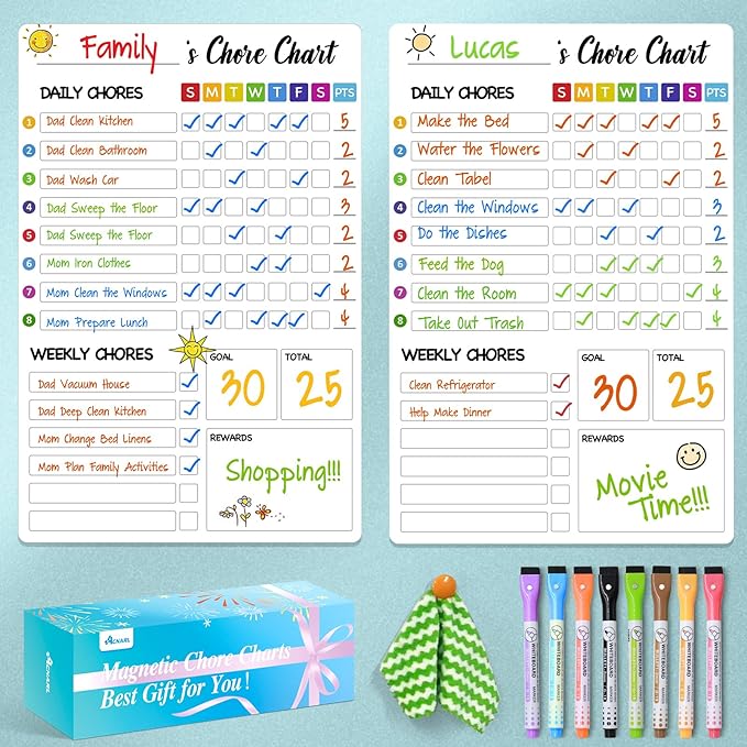 Chore Chart for Kids with 8 Markers, 2 Pack 8"x12" Chore Chart for Kids Multiple Kids, Behavior Chart for Kids at Home, Responsibility Chart for Kids/Teens/Adults, Magnetic White Chore Board