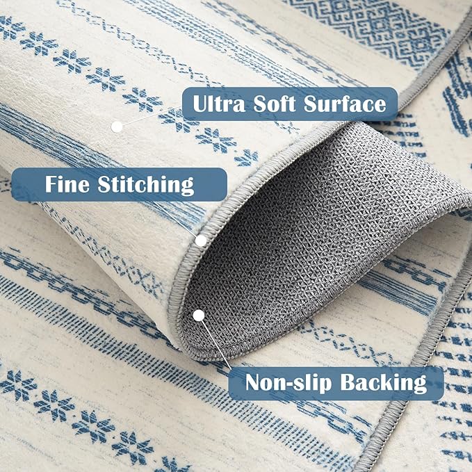 jinchan Moroccan Boho 8x10 Area Rugs for Living Room - Machine Washable Soft Throw Rug Bohemian Ripple Design Non-Slip Carpet for Bedroom Dining Room Home Office (8‘x10', Blue)