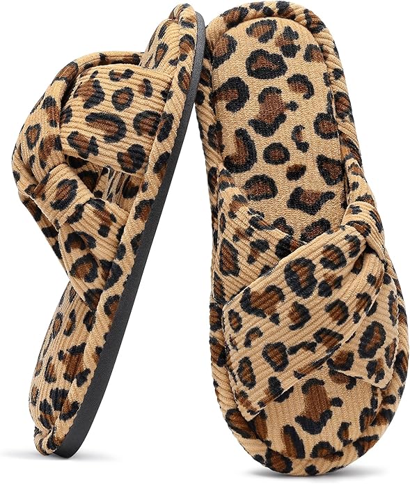 Evshine Fall House Slippers for Women Corduroy Cross Bow Indoor Slippers Open Toe Slip On Bedroom Shoes with Memory Foam