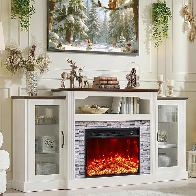 70“ Fireplace TV Stand, 4800 BTU Electric Fireplace with Mantel, Farmhouse Style Wooden TV Console Entertainment Center with Storage, Remote Control, Heating for Living Room, Bedroom, White