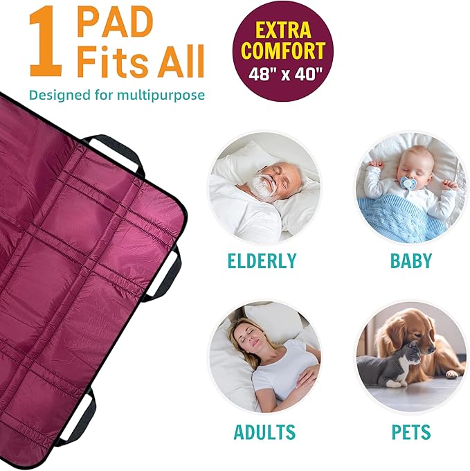 Upgraded 3-Layer Comfort Positioning Bed Pad with Handles Washable Waterproof Transfer Board for Turning Moving Patient Inconvenience Care Transfer Sheet, 48" x 40", Large, Mystic Plum