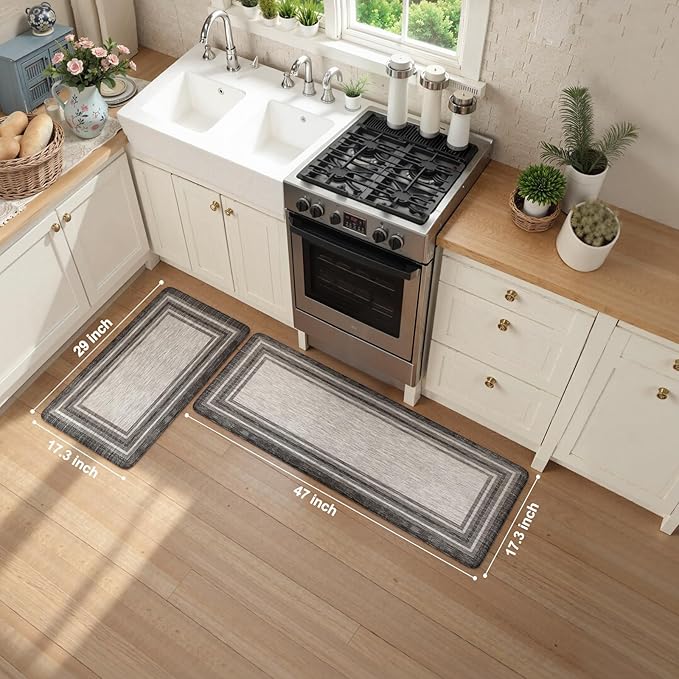 KIMODE Anti Fatigue Kitchen Mats for Floor 2PCS,17"x47"+17"x29" Farmhouse Kitchen Rugs Non Slip Rubber Backing,Waterproof Cushioned Standing Mat for Office,Laundry,Sink,Desk,Grey
