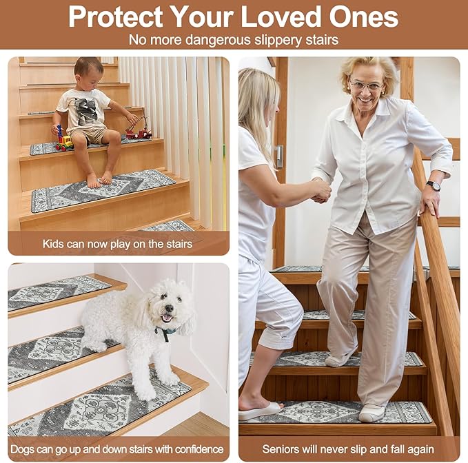 OJIA Stair Treads for Wooden Steps Non-Slip Landing Mat Stair Rug with Rubber Backing, Stair Runner Matching Mat Safety Rugs for Family, Absorbent Washable 31x31 inch, Gray