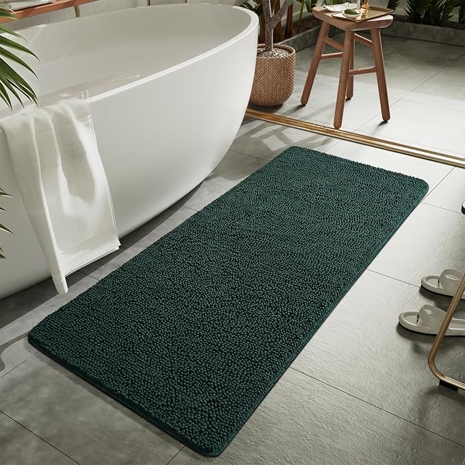 LOCHAS Luxury Bathroom Rug Shaggy Bath Mat 24 x 70 Inch, Washable Non Slip Bath Rugs for Bathroom Shower, Soft Plush Chenille Absorbent Carpets Mats, Hunter Green