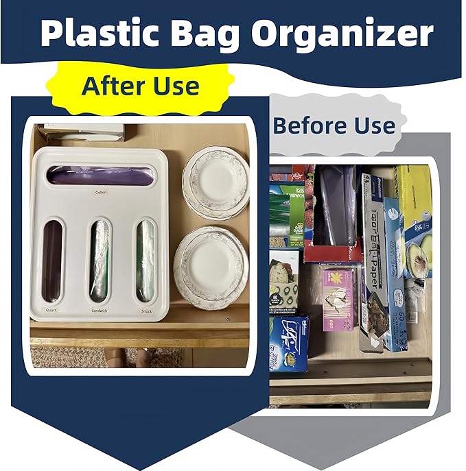 4-in-1 Food Storage Bag Organizer, Kitchen Drawer Plastic Bag Organizer, Lightweight and Durable Storage Baggie Organizer with Quart Gallon Snack Sandwich Bag Stickers (White/Clear)