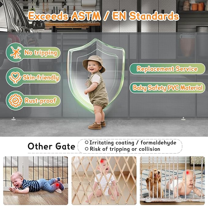 200'' Retractable Baby Gates Extra Wide,34" Tall Retractable Dog Gate for Doorways, Stairs, Hallways, Decks, Garage,16 FT Indoor/Outdoor Grey Retractable Gate with Fiberglass Reinforcement Rods