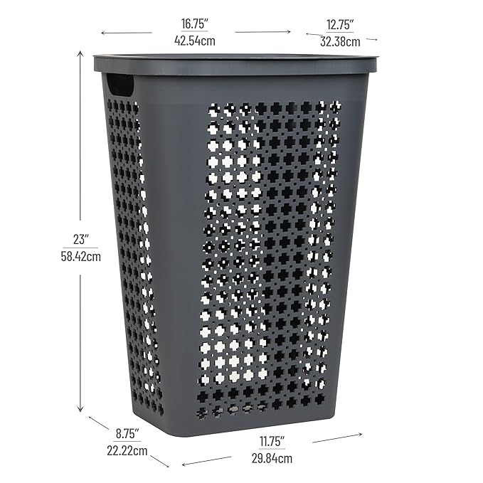 Mind Reader Slim Tapered Laundry Hamper with Lid, Clothes Basket with Swiss Cross Cut-Outs, Lightweight & Ventilated, Plastic, 16.75"L x 12.75"W x 23"H, Gray