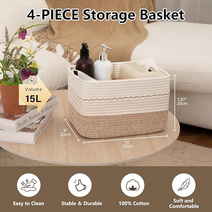 4 Pack Storage Baskets for Organizing, 13"X9"X7.87", Decorative Cotton Rope Baskets with Wave-Patterned Embroidery for Shelves, Small Woven Basket for Toys, Books and Towels, Brown & White