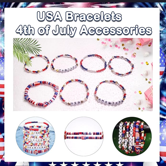 Independence Day Gifts for Women Men Teens Red White Blue Clay Beaded Stackable Stretch Bracelets USA Patriotic Jewelry 4th of July Accessories