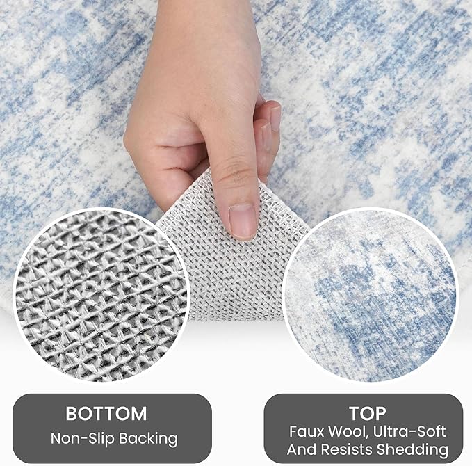 IOHOUZE Abstract Area Rugs 9x12 Ft Washable Large Rugs for Living Room, Non Slip Dining Room Rug, Printed Faux Wool Rugs for Bedroom, Floor Carpet for Office Nursery Playroom, Light Blue White
