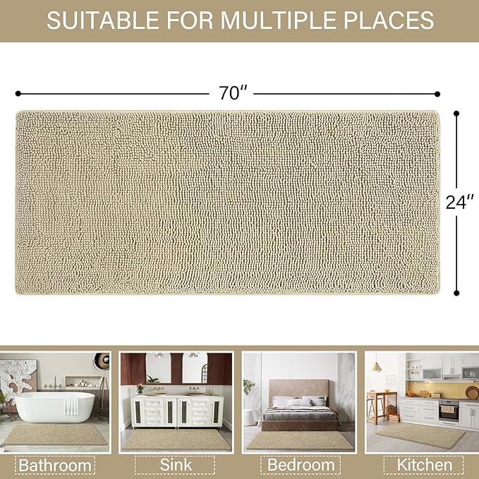 LOCHAS Luxury Bathroom Rug Shaggy Bath Mat 24 x 70 Inch, Washable Non Slip Bath Rugs for Bathroom Shower, Soft Plush Chenille Absorbent Carpets Mats, Beige