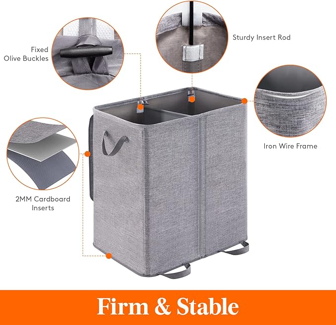 Lifewit Double Laundry Hamper with Lid and Removable Laundry Bags, Large Collapsible 2 Dividers Dirty Clothes Basket with Handles for Bedroom, Laundry Room, Closet, Bathroom, College, 155L Grey