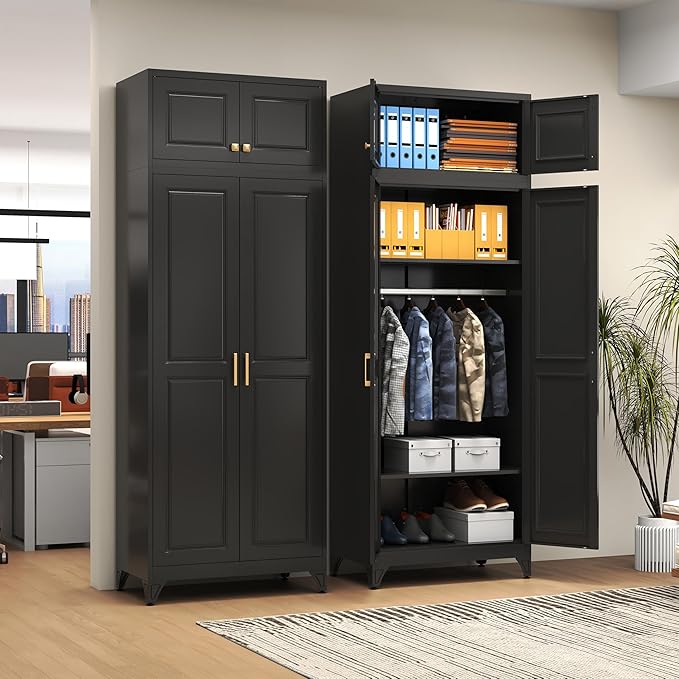 Metal Armoire Closet, 86 Inch Tall Wardrobe Armoire with Hanging Rod, Wardrobe Closet for Clothes with Doors, 18" D x 32" W x 86" H,Black, Assemble Required, Shipped in Two Packages