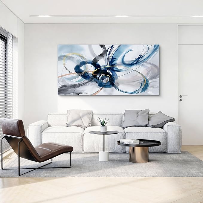yiijeah Large Abstract Canvas Art Elegant Combination of Tones Modern Living Room Wall Decor Black and White Gray Background Blue Gradient Picture