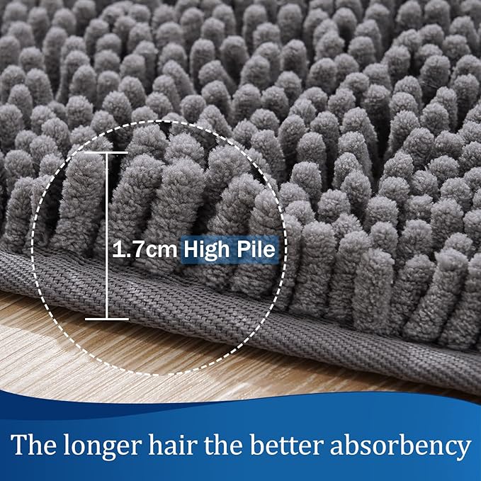 LOCHAS Luxury Bathroom Rug Shaggy Bath Mat 24 x 17 Inch, Washable Non Slip Bath Rugs for Bathroom Shower, Soft Plush Chenille Absorbent Carpets Mats, Gray