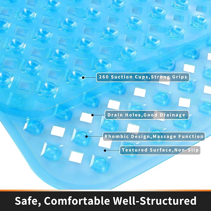 Yimobra Non Slip Bath Mat, Super Strong Suction Cups,34.5"x15.5"Long Tub Mat with Drain Holes, Machine Washable Fast Draining Shower Mats, Bathroom Essentials,Clear Blue