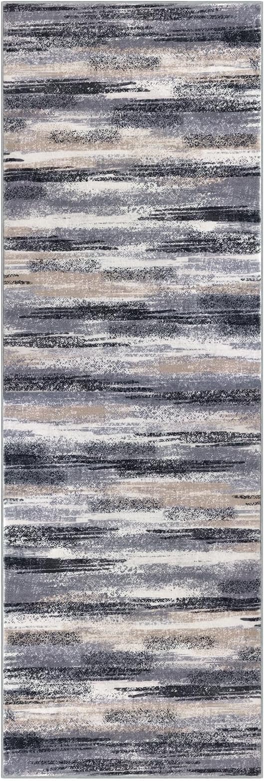 Modern Abstract Hallway Runner Rug, Grey Black Multi Washable Kitchen Runner Non-Slip Soft 2x8 Runner Rug Thin Print Faux Wool Carpet for Entryway Bedroom Laundry Room Indoor Home Decor
