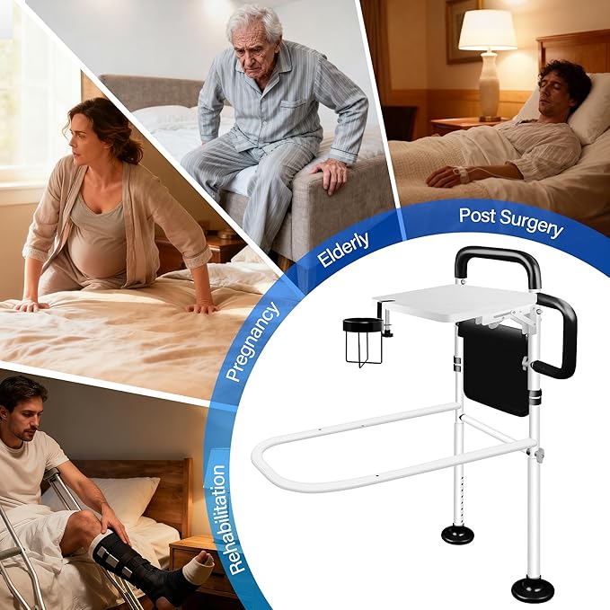 Bed Rails for Elderly Adults Safety with Foldable Tray, Adjustable Bed Assist Rails for Seniors with Motion Sensor Light & Cup Holder, ASTM Approved Bed Cane Bed Rail with 2 Handles & Pocket