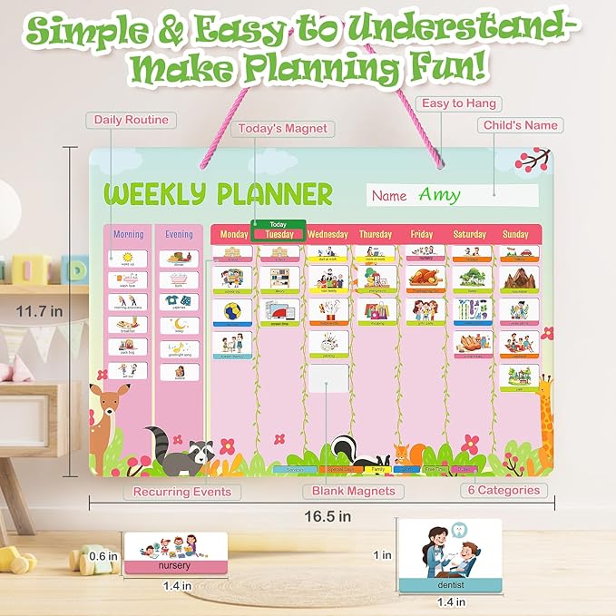 Euclidean Cube Weekly Planner for Kids - Magnetic Behavior Board Calendar with 237 Magnets, Storage Box, Easels, Hooks, Cord & Pen - Daily Routine and Chore Chart - Visual Schedule for Kids 3+ (Animal Theme)
