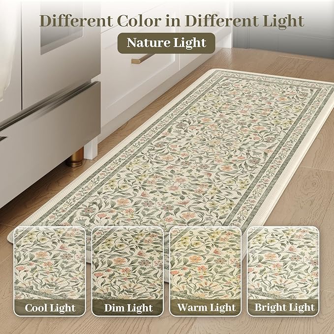 KIMODE Anti Fatigue Kitchen Mats for Floor, Boho Floral Kitchen Rugs Sets of 2, Cushioned Kitchen Floor Mats Non Slip, Comfort Rugs for Kitchen Floor Sink Laundry Desk Beige 17.3"x29"+17.3"x47"