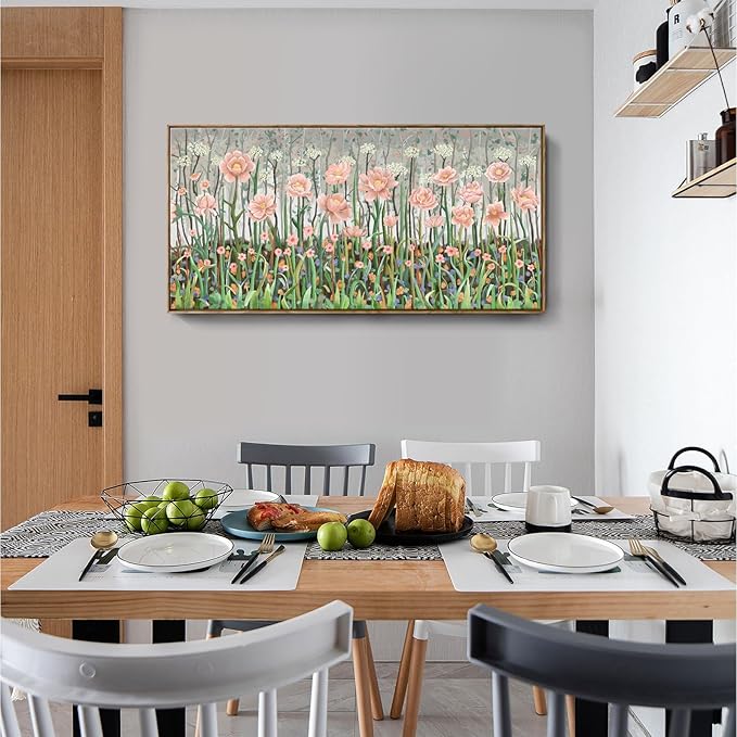 amatop Extra Large Modern Floral Wall Art: Framed Abstract Botanical Print in Pink & Green, Ready-to-Hang for Living Room, Bedroom, Office Decor (48x24 in)