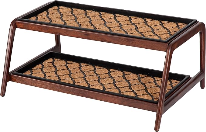 Anji Mountain Heavy Duty Waterproof Wooden Shoe Storage Mat Organizer/Boot Storage Tray Multi Use for Entryway with Coir, Tan and Black Trellis Insert, 2 Tier, Fits 6 Pair (36.5" Wide)