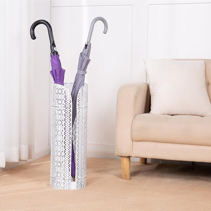 Concepts 21 inch Heavy Duty Metal Umbrella Stand - Durable Storage Holder for Umbrellas - Indoor and Outdoor Use - Stylish and Modern Organizer for Entryways. (White Side Slit)
