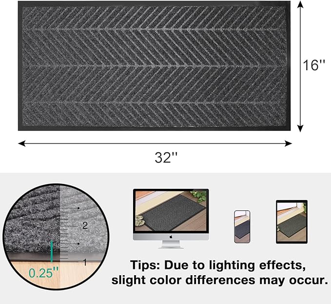 16" x 32" Charcoal Grey Front Door Mat Indoor Outdoor, Low Profile Welcome Doormat for Entrance, Waterproof All-Weather Entry Mat for High Traffic Area