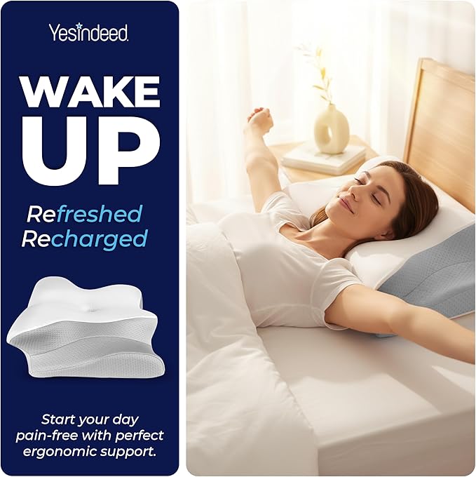 YESINDEED Pain Relief Cooling Pillow – Cervical Neck Support for Sleeping, Contoured Memory Foam Design for Neck and Shoulder Pain, Ergonomic Sleep Solution for Side Sleepers, Snoring, Posture