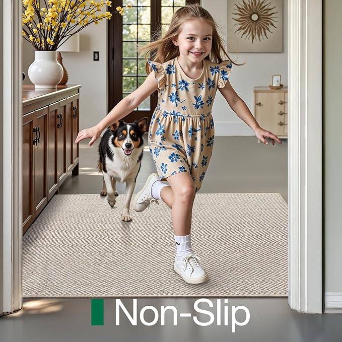 LUMI Ultra Thin Indoor Door Mat for Entrance 32"x48", Non Slip Entryway Mat, Low Profile Doormat, Unique Herringbone Design Carpet for Inside, Patio, Porch, Beige