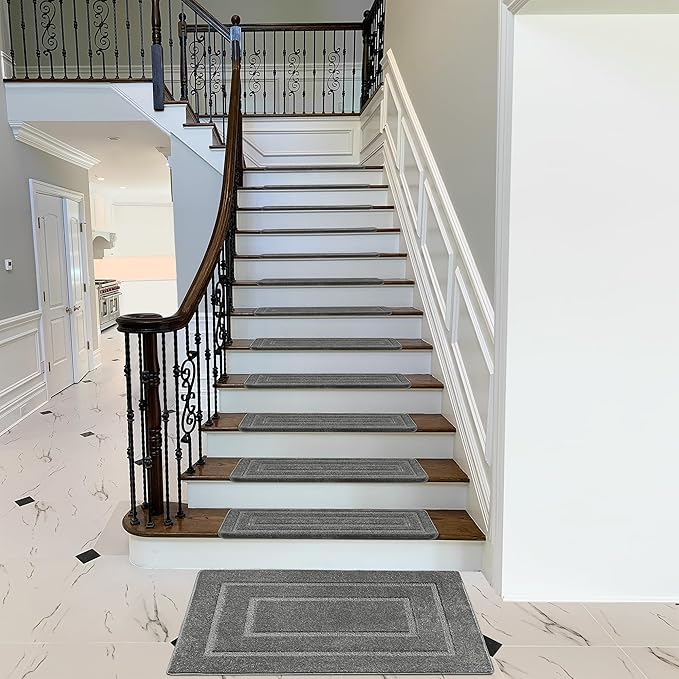 PURE ERA Bullnose Carpet Stair Treads Set Tape Free Non-Slip Indoor Stair Protectors Pet Friendly Rugs 9.5" x 30"(2 Pieces,Grey Rectangular)