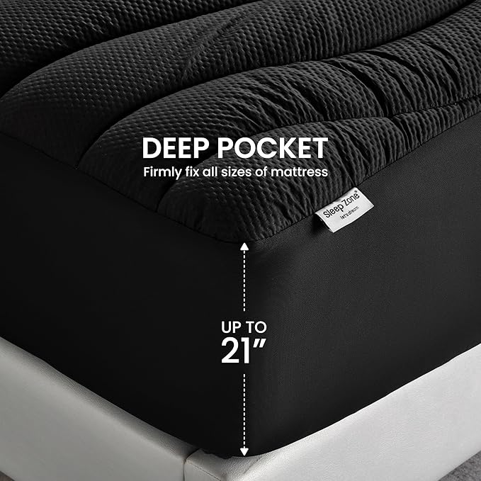 SLEEP ZONE Twin XL Cooling Mattress Topper for College Dorm, Premium Zoned Cool Mattress Pad Cover, Padded Mattress Protector Breathable Washable, Deep Pocket 8-21" (Black, Twin XL)