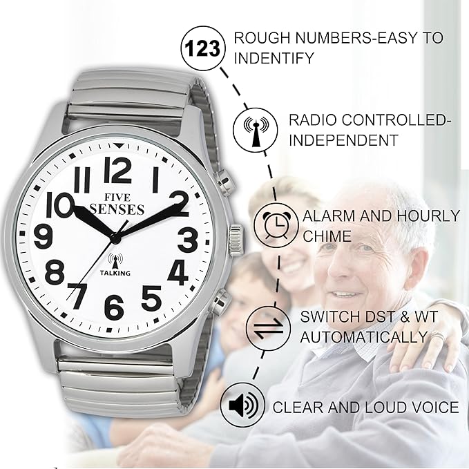 FIVE SENSES English Atomic Jumbo Size (43mm /1.75in) Metal Talking Watch with Loud Alarm Clock for Visually impaired, Elderly Person 1523 (White)