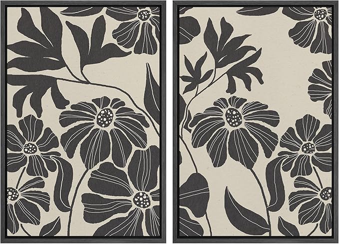 MUDECOR Framed Canvas Print Wall Art Monochrome Floral Botanical Black and White Illustrations Modern Art Decorative Bohemian Colorful Chic for Living Room, Bedroom, Office - 16"x24"x2 Black