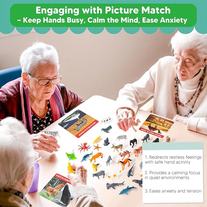 Animal Matching Memory Games for Dementia Patients | Alzheimers Activities Kit w/ 36 Realistic Animal Figures & 54 Cards, Fun Brain Training Product & Meaningful Gift for Seniors and Elderly