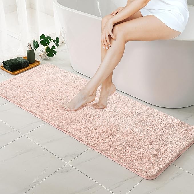 MIULEE Pink Bathroom Runner Rug - Long Absorbent Bath Mat Made of Thick Fluffy Microsiber for Bathroom Floor, Tub, Kitchen and Hallway, Non Slip Rubber Backside, Machine Washable - Blush, 24x60 Inches