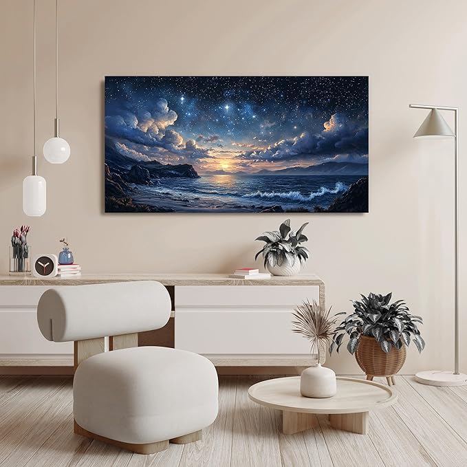 Canvas Wall Art Decor Modern Wall Art Pictures for Living Room Landscape Coastal Wall Art Artwork for Walls Star Night Blue Wall Decor Art Prints Art Work for Home Office Room Wall Decor 20" x 40"