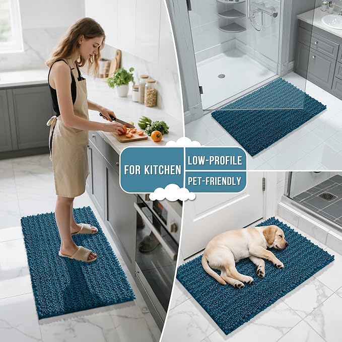Yimobra Bathroom Rugs Non Slip Washable - Ultra Soft Absorbent Chenille Bath Mat, Quick Dry Shaggy Floor Carpet for Tub Shower, Rustic Turquoise Home Decor Accessories, 24x17 Inch