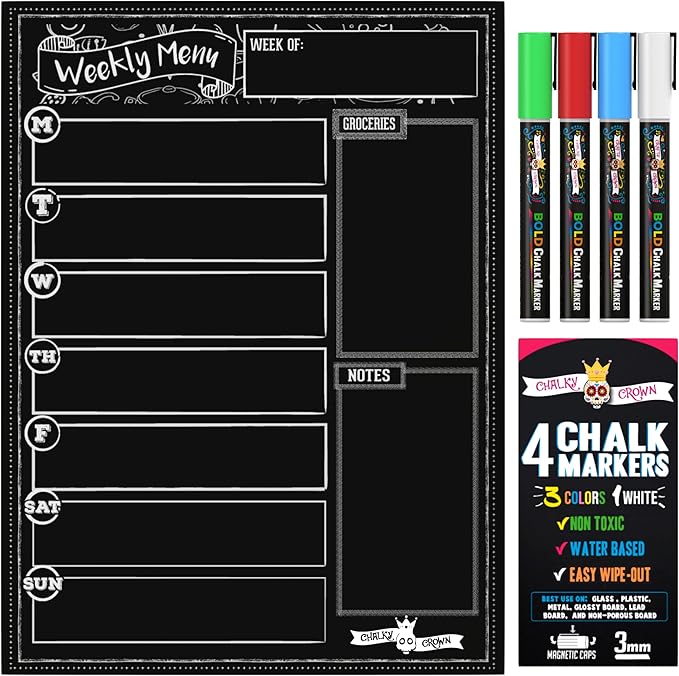 CHALKY CROWN Magnetic Dry Erase Menu Board for Fridge Includes 4 Liquid Chalk Markers - Weekly Meal Planner Blackboard, Grocery List & Notepad for Kitchen Refrigerator - Chalkboard Magnet 15.6" x11.6