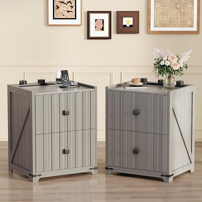 Night Stand Set 2 with Slidable Charging Station,Bedside Table with 2 Drawers,Farmhouse End Table and Nightstand,Small Side Table for Bedroom（Newly Upgraded 2 PCS）